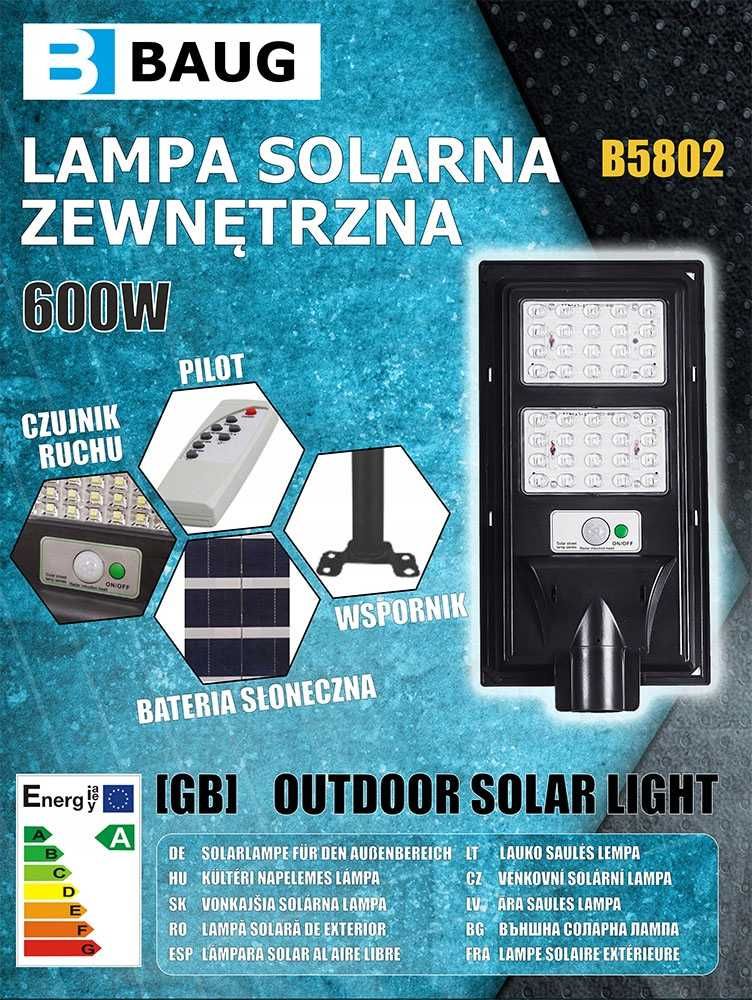 Lampa Solarna LED Czujnik Ruchu Zmierzchu Zewnętrzna Ogrodowa 600W