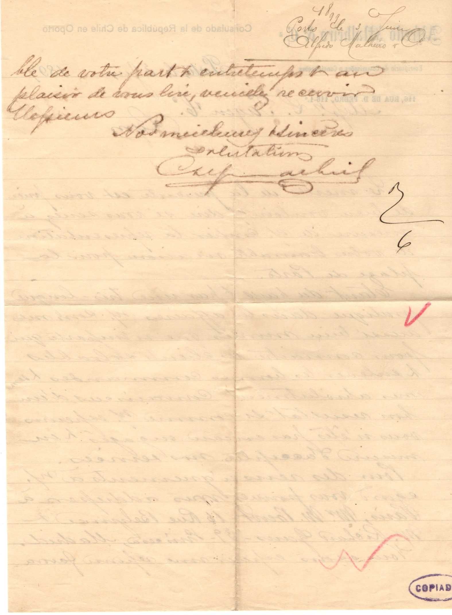 Ofício do Consulado do Chile na cidade do Porto (1889)
