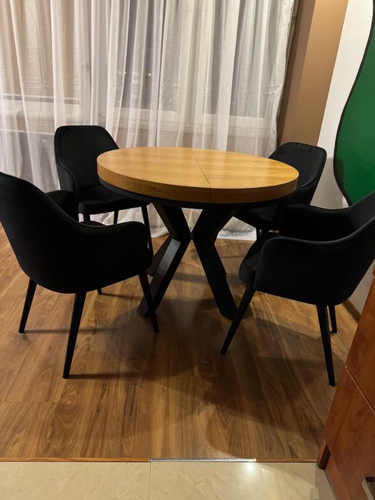 Stół okrągły loftowy rozkładany + 4 czarne krzesła zamszowe
