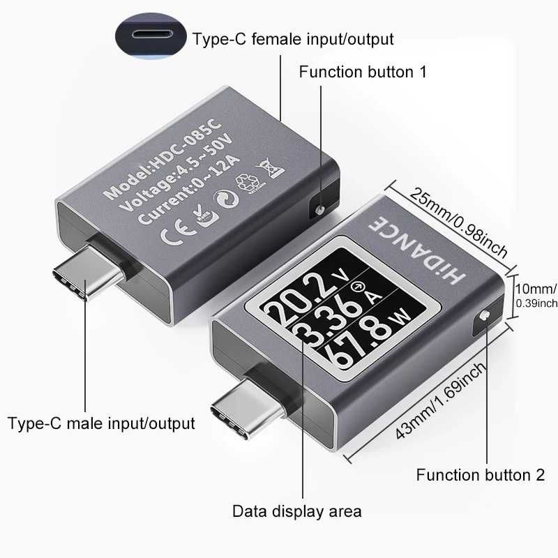 Przenośny miernik HDC-085C portu USB C z HD OLED PD3.1 QC3.0