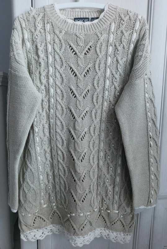 S M L oversize tall sweter vintage perełki hafty 100% bawełna ramia