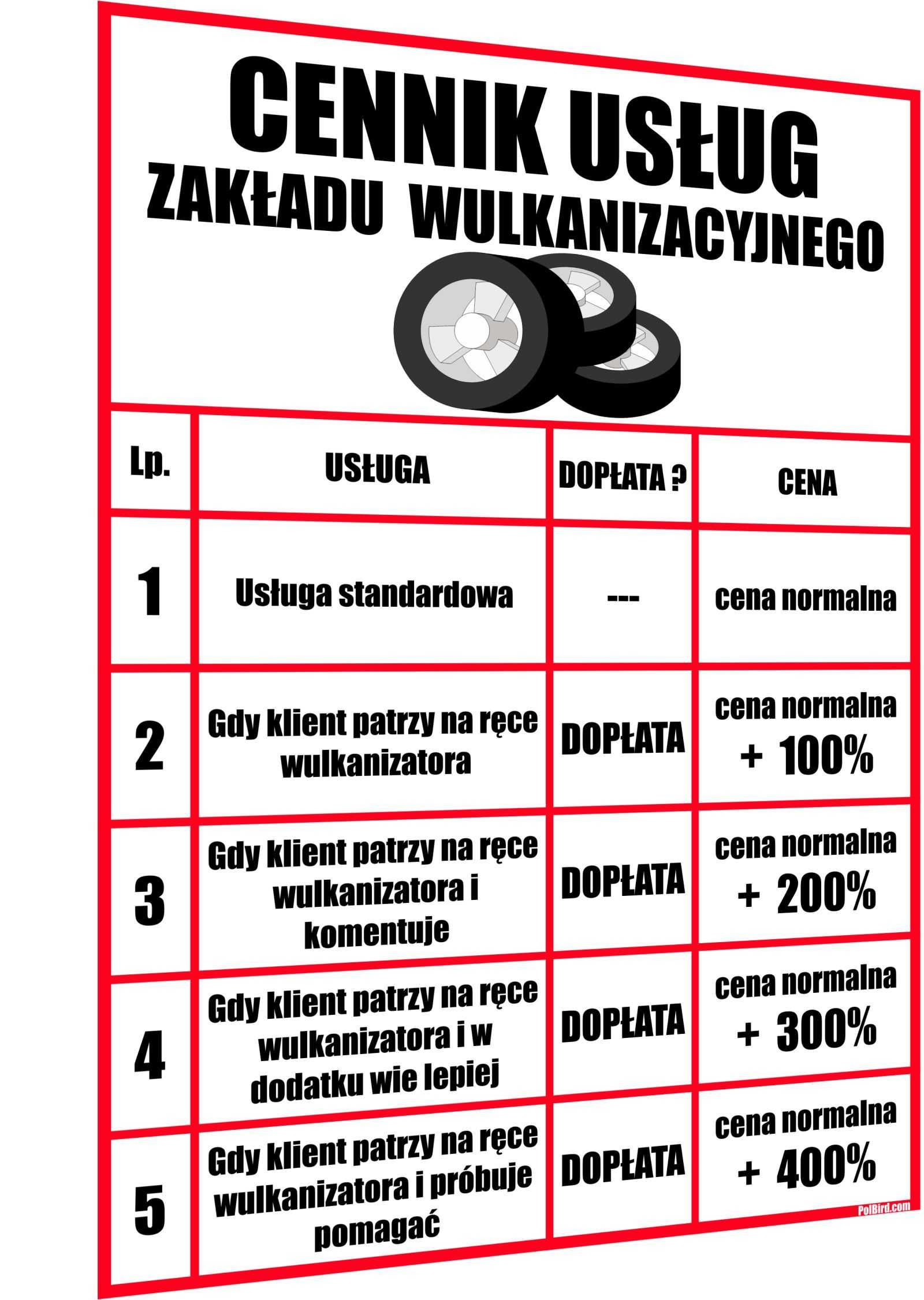 SUPER ŚMIESZNY ŻARTOBLIWY cennik wulkanizatora / wulkanizacja