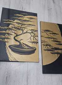 Obraz złote drzewo bonsai japońskie fortyk, w kolorach czerni i złota