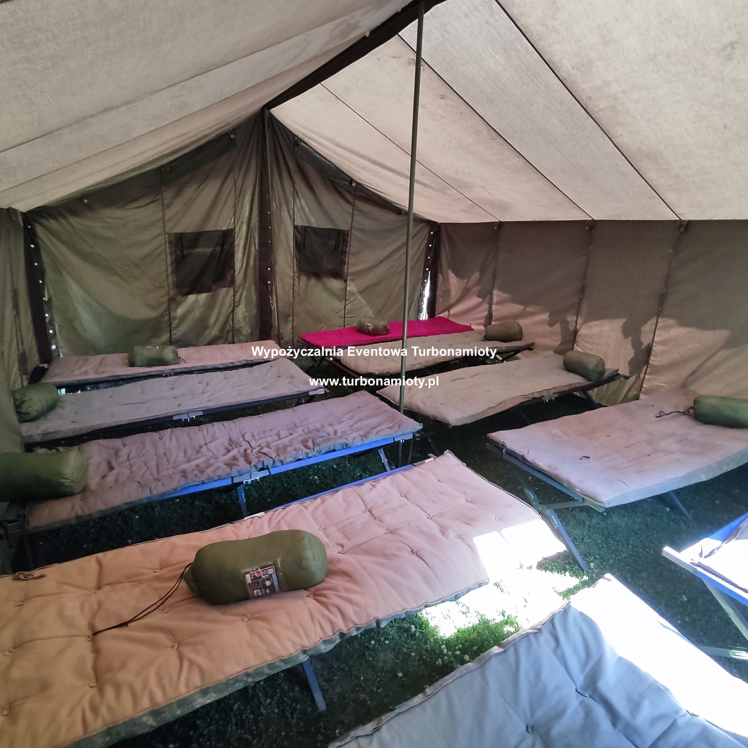 Namiot wojskowy NS-64 harcerski wynajem łóżek polowych materacy kocy