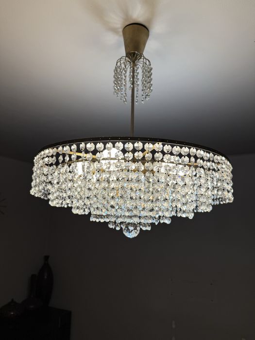 Zestaw lampa i dwa kinkiety krysztalowa mosiezna rama