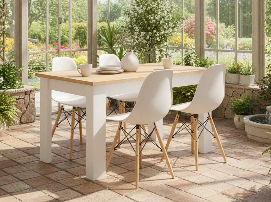 NOWY Stół z Krzesłami Drewniany do Kuchni Salonu Jadalni Biały Sonoma