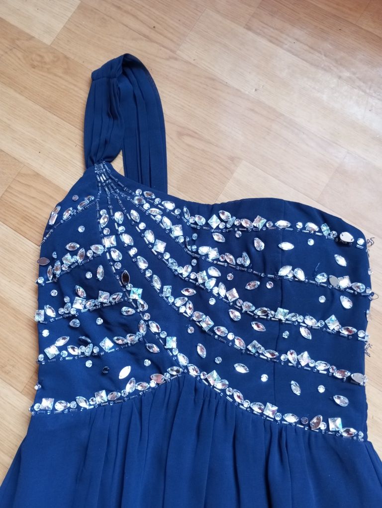Elegancka długa suknia wieczorowa 36 S cyrkonie,wesele,impreza granat