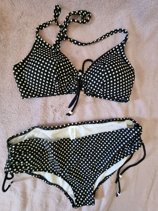 Bikini, strój dwuczęściowy, czarny w białe kropki, r. M