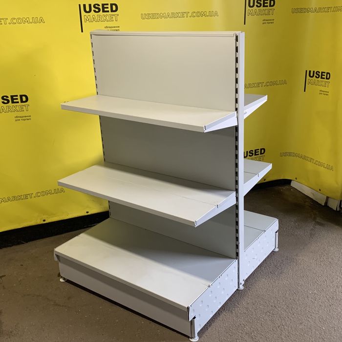 Двохсторонній торговий острівний стелаж металевими полицями багато бу