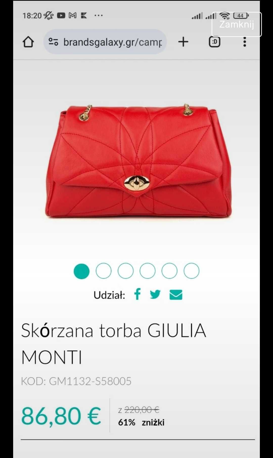 Czerwona skórzana torebka torba Giulia Monti pikowana jak chanelka