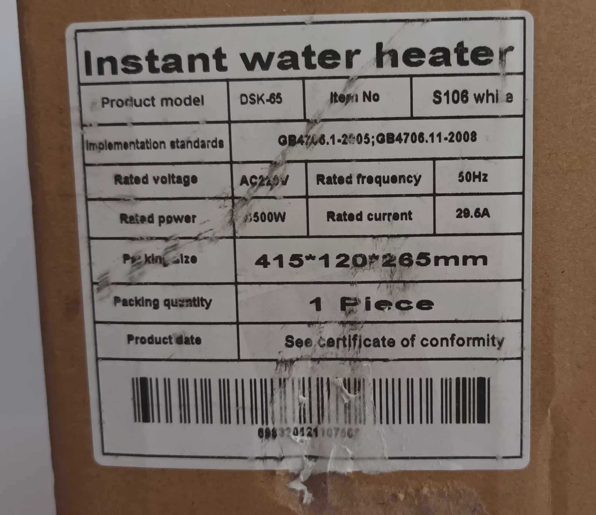 Esquentador  DSK-65 White 6500W  Instant Electrical Hot Water Heater