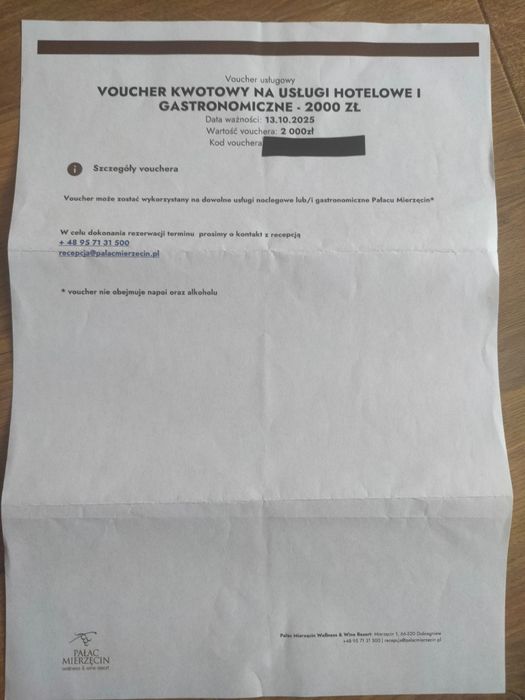 Sprzedam Voucher do Pałacu Mierzęcin na kwotę 2000 zł do 30.11.2025r.