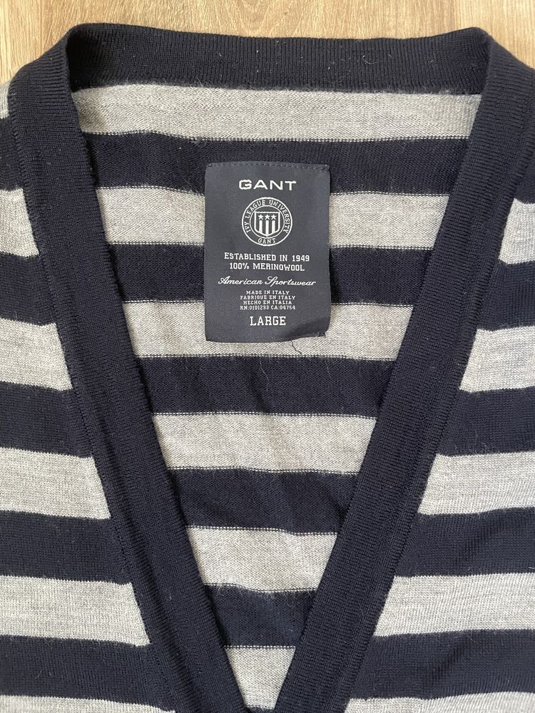 100% wełniany sweter w paski Gant L granatowy szary.