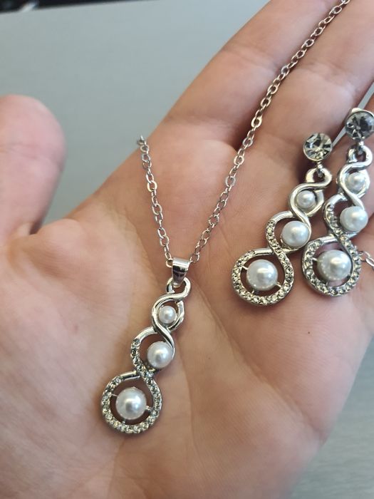 Srebrny Perłowy Zestaw Komplet Biżuterii Perły Perełki