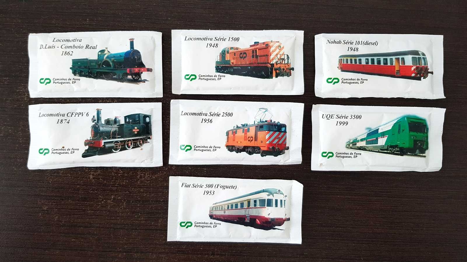 7 + 4 pacotes de açucar série Locomotivas Comboios de Portugal (CP)