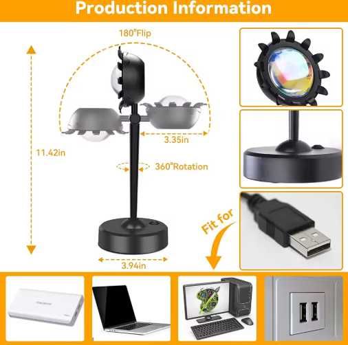 Lampka USB LED zachód słońca RGB 16 kolorów projektor pilot