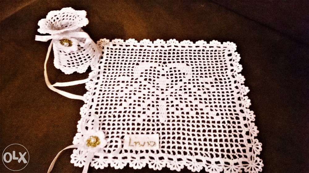 Szatka i profitka do chrztu na szydełku z kordonka