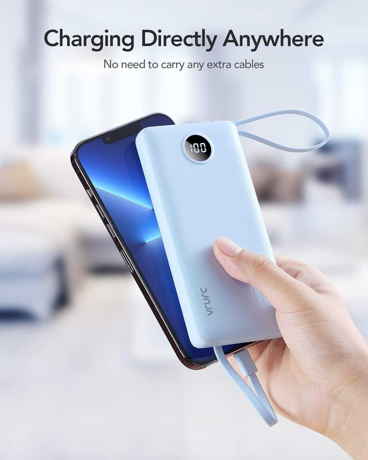 Power Bank VRURC 10 000 mAh PD/QC 20 W, 5 portów, wbudowane kable, LED