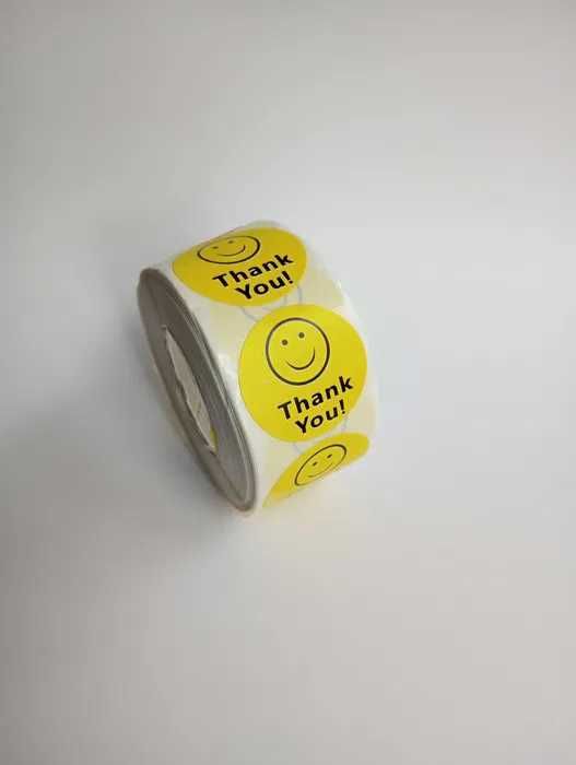 zestaw  ok.  1000 sztuk naklejek THANK YOU dziękuje na taśmie buźka