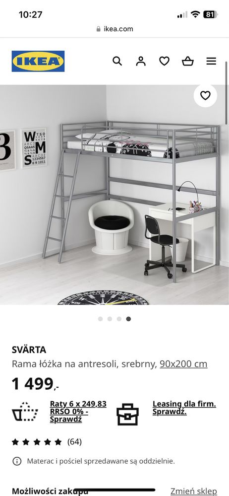Rama łóżka na antresoli SVARTA IKEA jak na zdjeciu