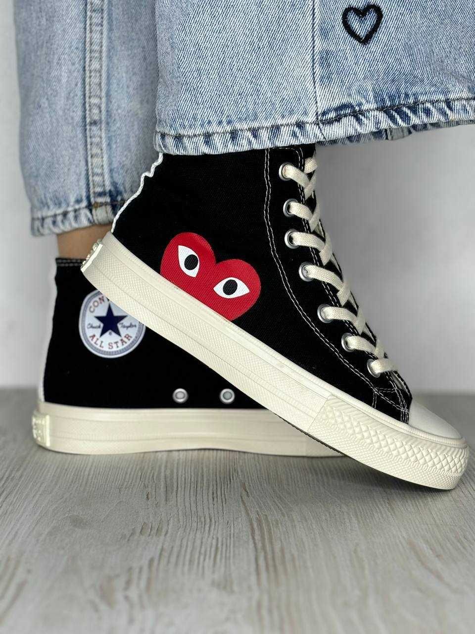 Жіночі конверси з сердечком чорні високі молодіжні Converse Play black