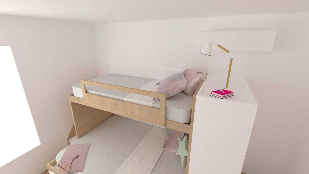 Beliche com cama casal + cama solteiro+ diversa arrumação