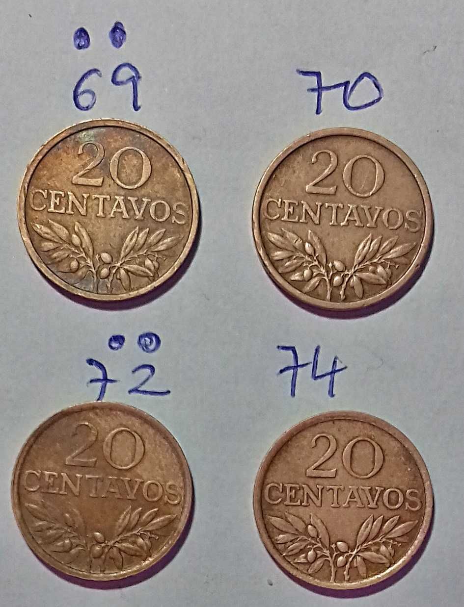 20 centavos - 4 moedas de bronze anos diferentes série 69-74