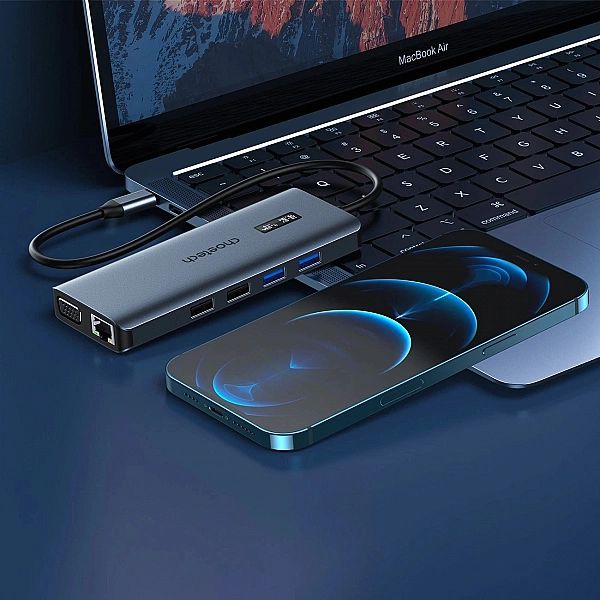 Choetech HUB wielofunkcyjny z wyświetlaczem 12w1 USB-C do 1xUSB-C/4xUS