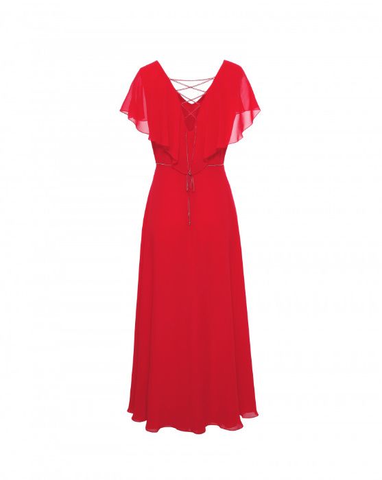 Hexeline suknia wieczorowa 34 malinowa elegancka Hiszpanka z falbaną