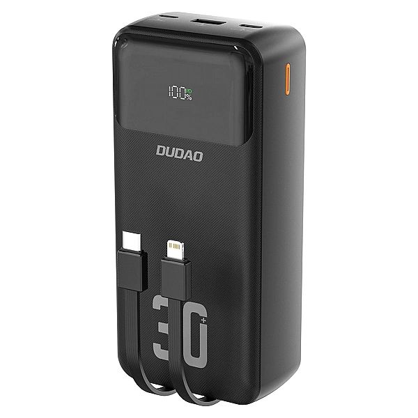 Powerbank Dudao K15MAX 30000mAh PD 22.5W z wbudowanymi kablami - czarn