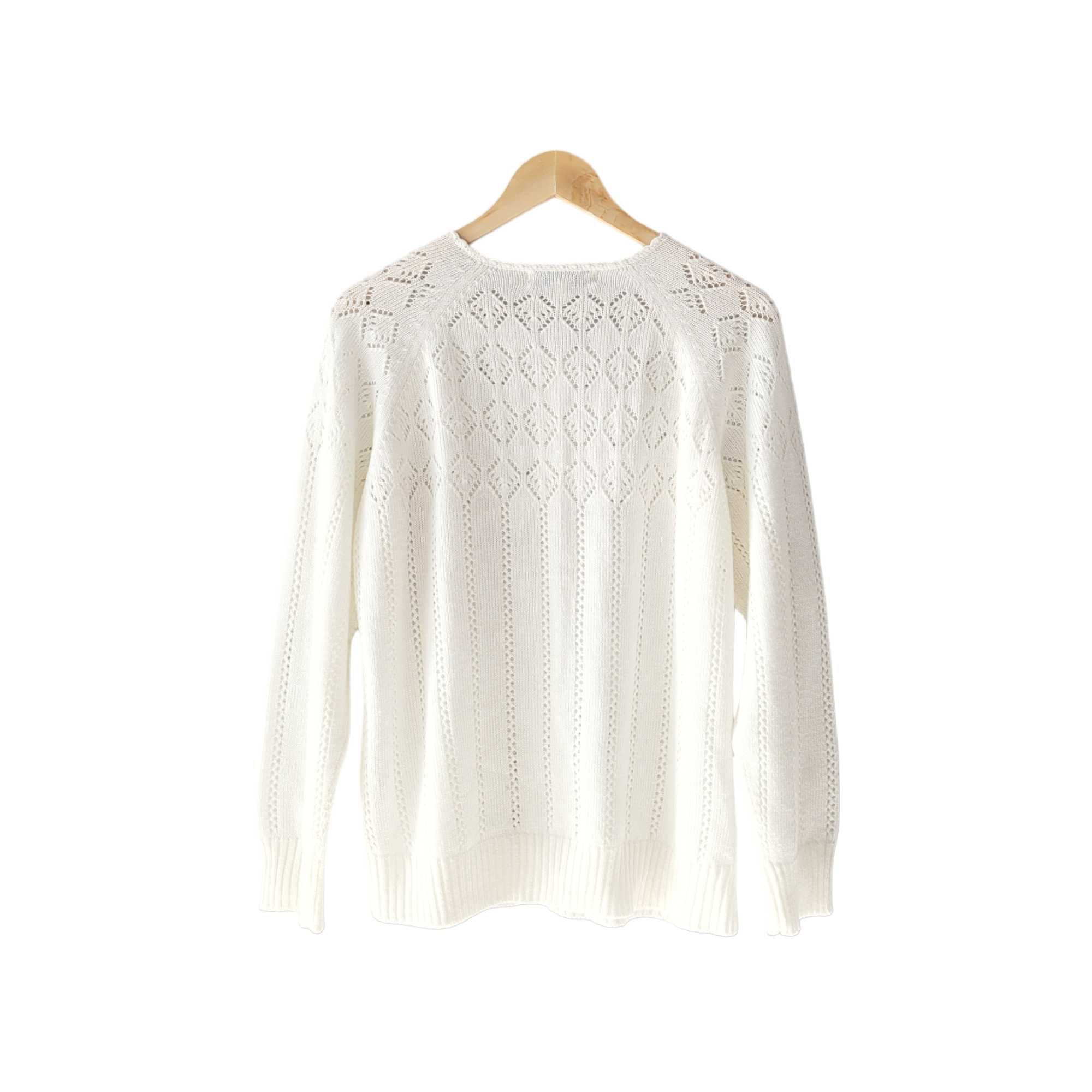 Kremowy ażurowy rozpinany sweter damski kardigan XL vintage boho retro