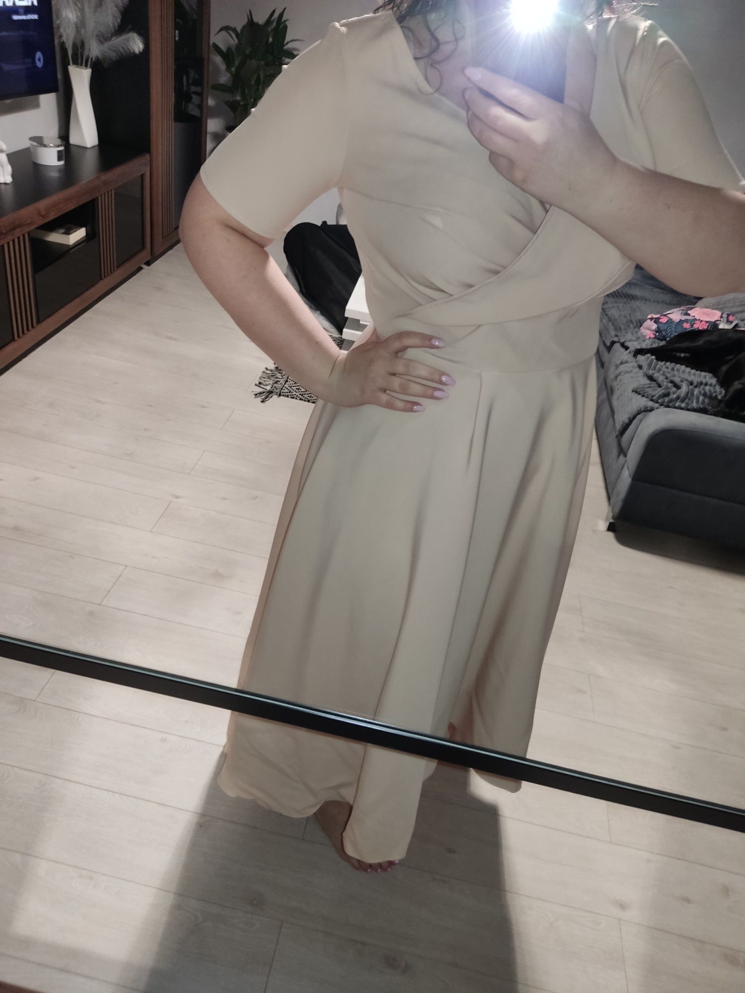 Beżowa sukienka maxi elegancka wesele ślub 46 2XL 3XL