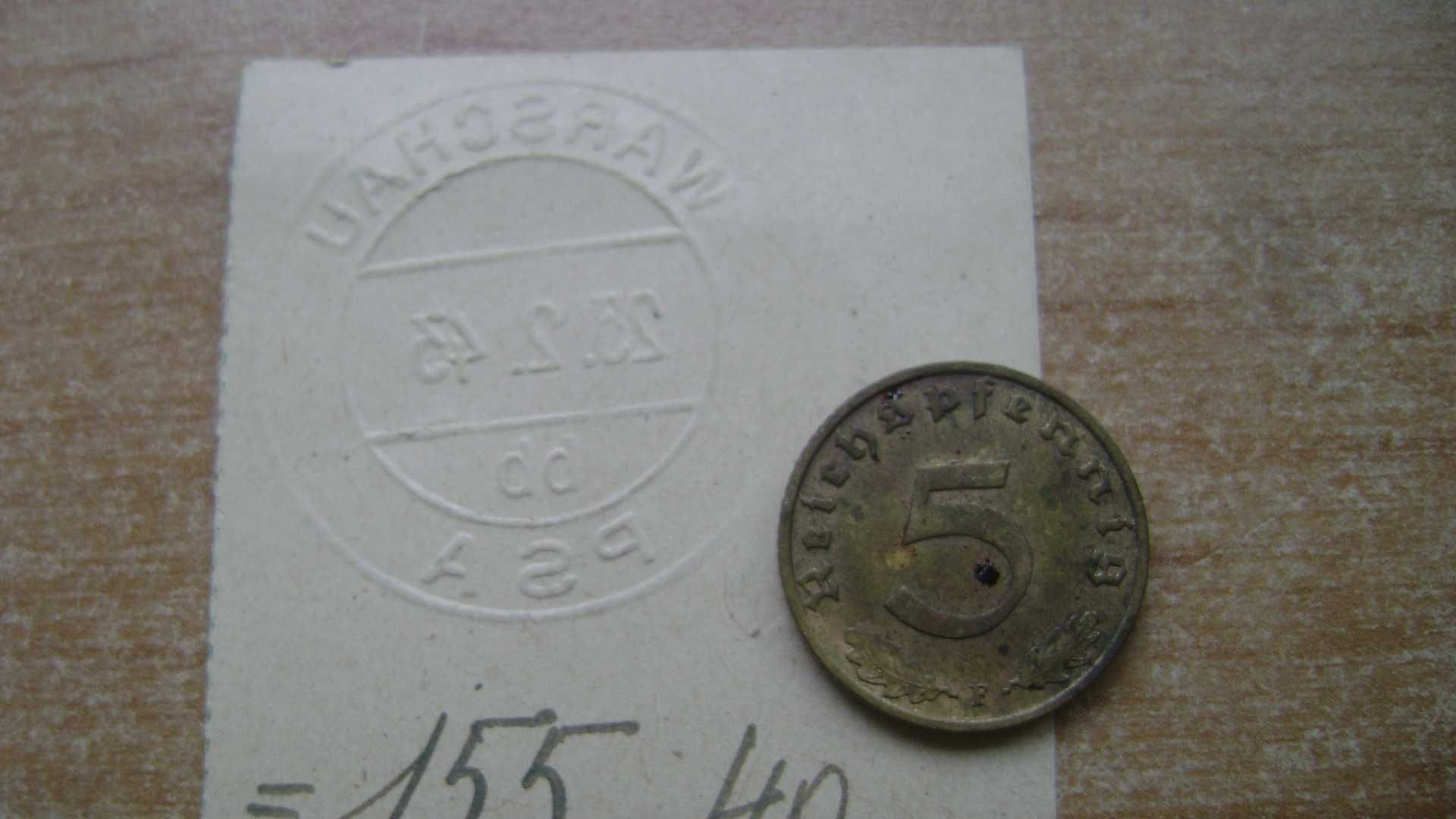 Starocie z PRL - Stare monety = 5 fenigów z 1939r F + paragon Warschau