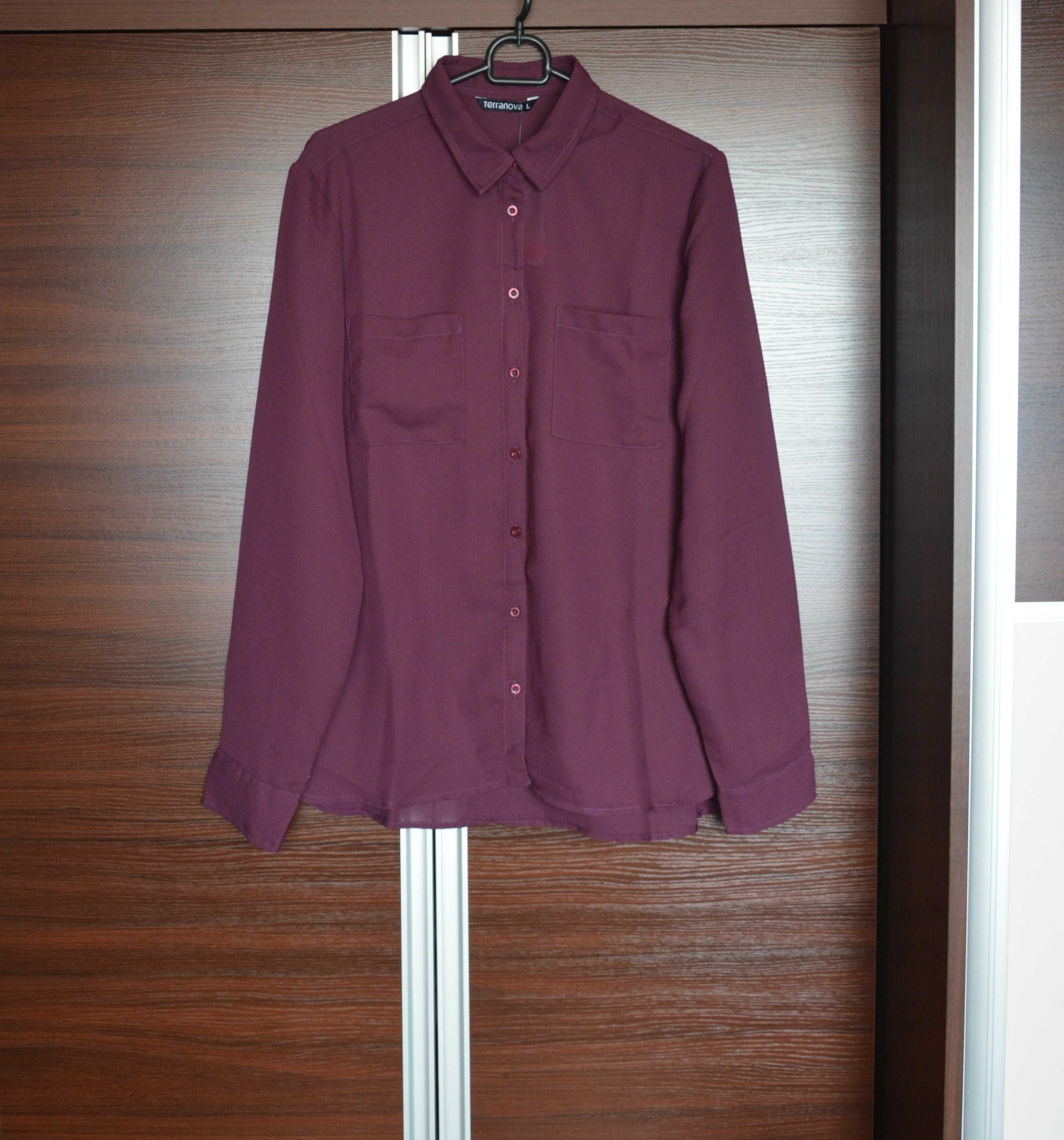 Nowa fioletowa śliwkowa koszula szyfonowa z kieszeniami Terranova