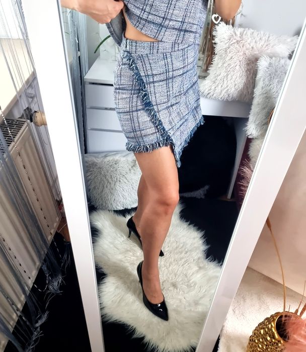 Pull&Bear Zestaw komplet Bluzka + spódnica damska frędzelki krata