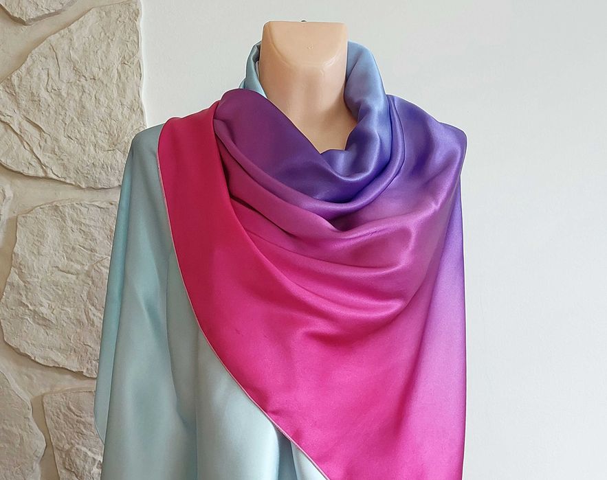 Unikalna Wielka Cieniowana Apaszka Szal Naturalny Jedwab Silk 100%