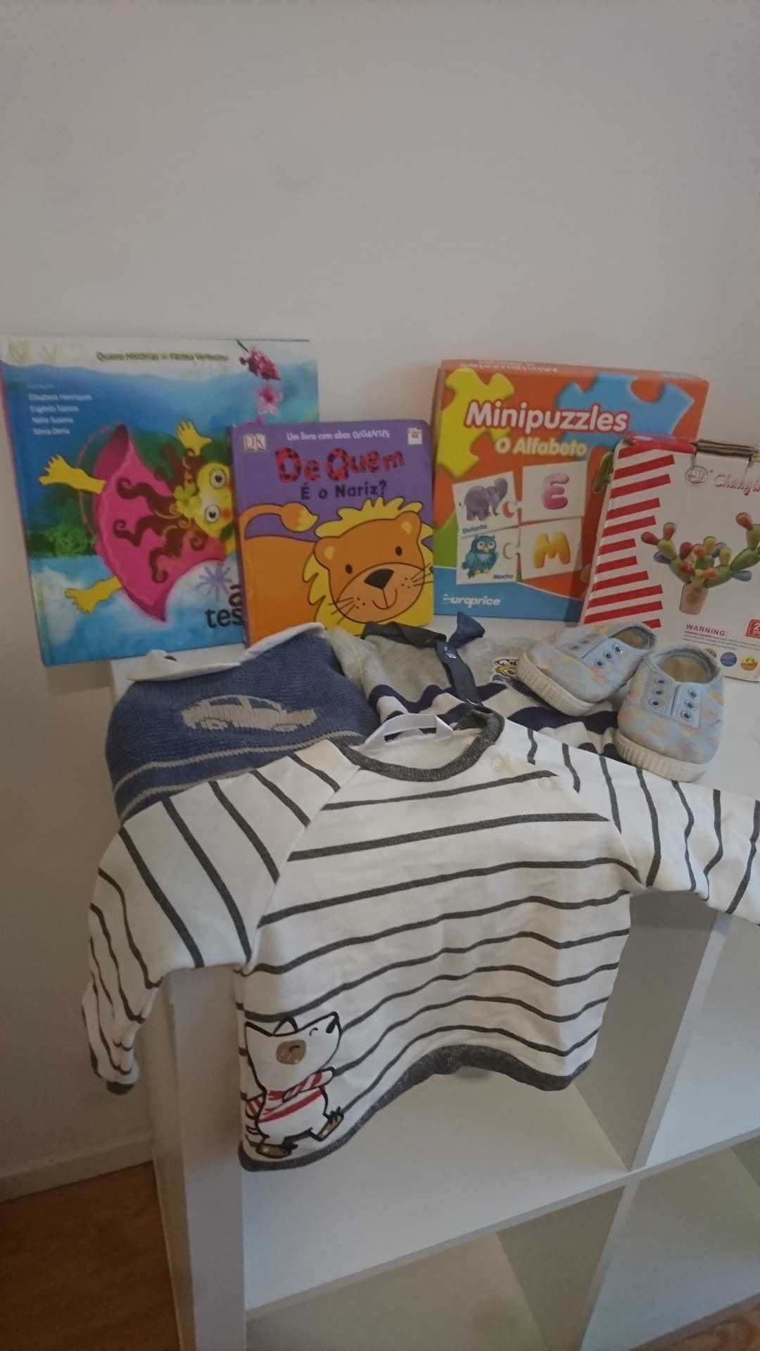 Conjunto bébé/criança : Calçado + roupa + 2 livros + 2 jogos