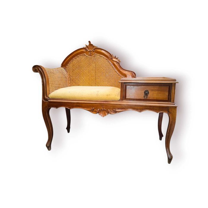 Telefoneira Antiga Banco Estofado – Madeira Maciça - Encosto Palhinha