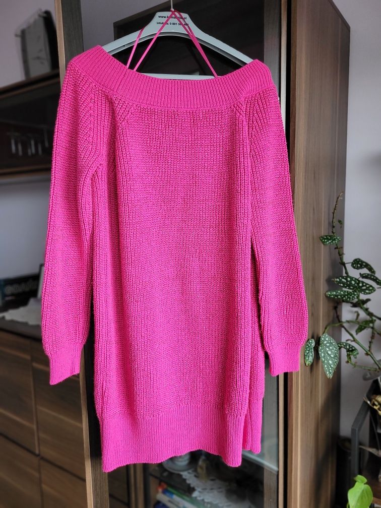 Długi sweter tunika, różowy z połyskliwą nitką, Orsay, r.36