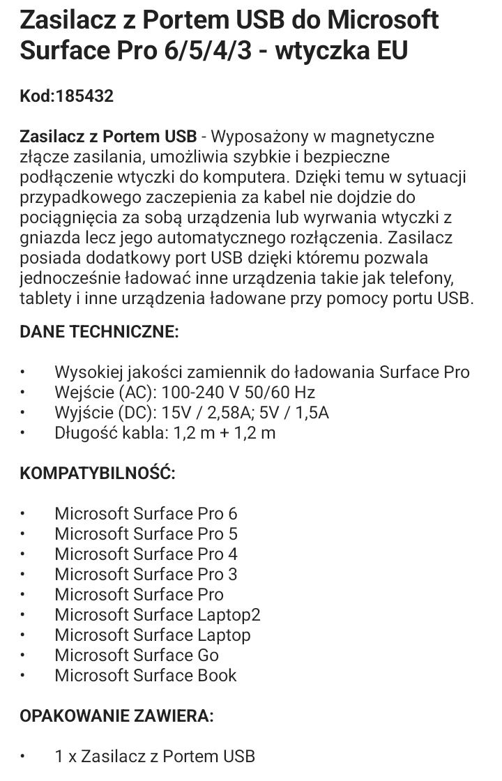 Zasilacz z portem USB do Microsoft Surface pro