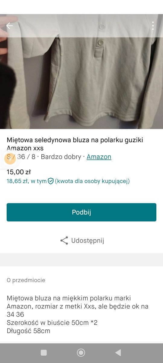 Miętowa seledynowa bluza na polarku guziki Amazon xxs