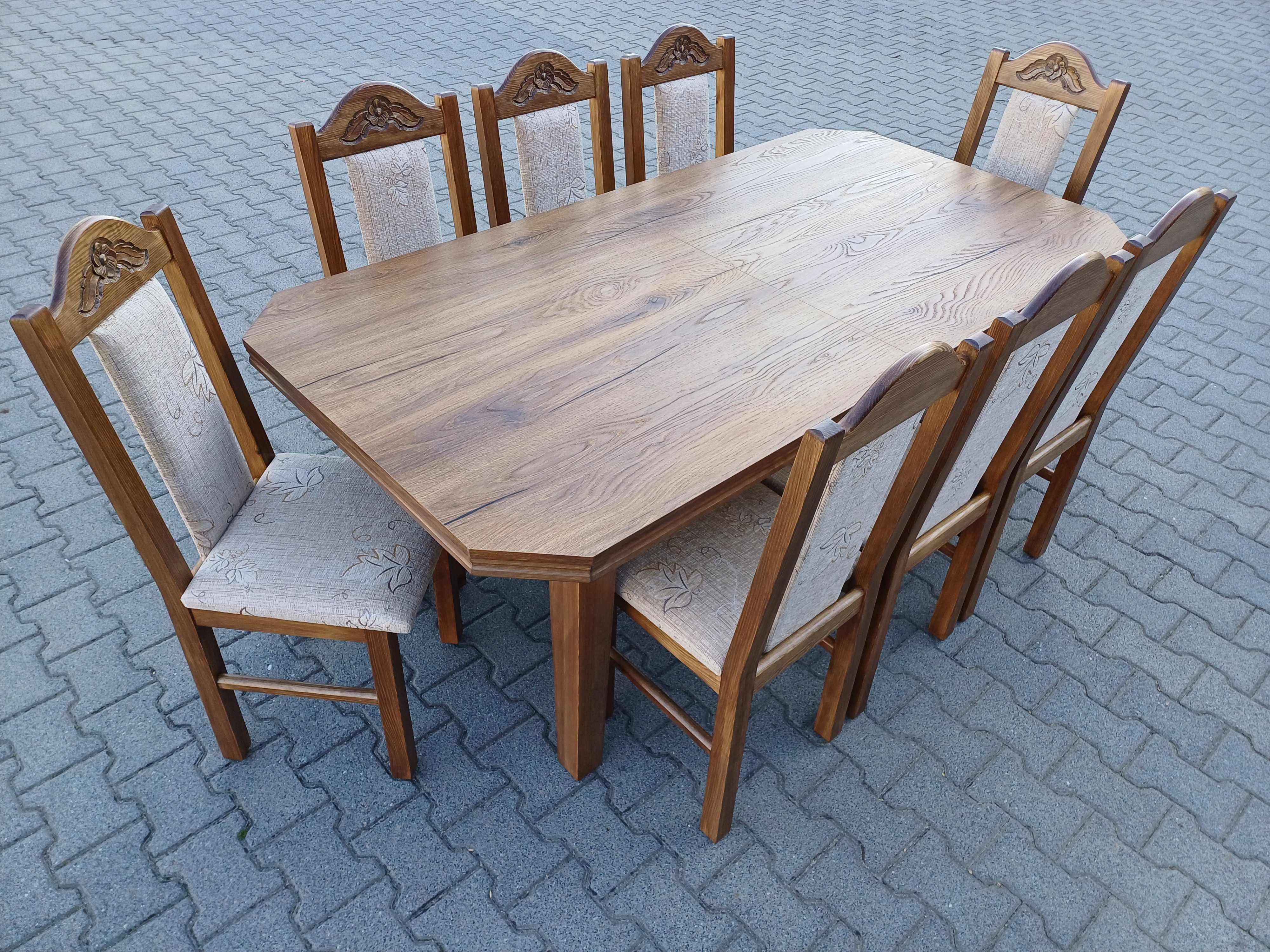 Nowosc Stol 185/244x95+8 krzesel rzezbionych blat dab Hudson Amaretto