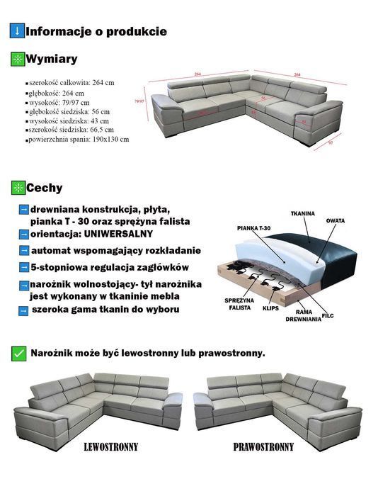 Duży narożnik JOY 2R2 z pojemnikiem i funkcją spania ROGÓWKA Wysyłka