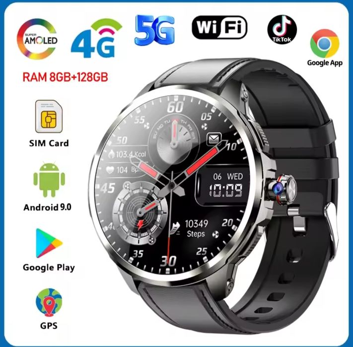 Smartwatch android 8/128gb nowy kam sim 4g wifi paski tętno ciśnienie