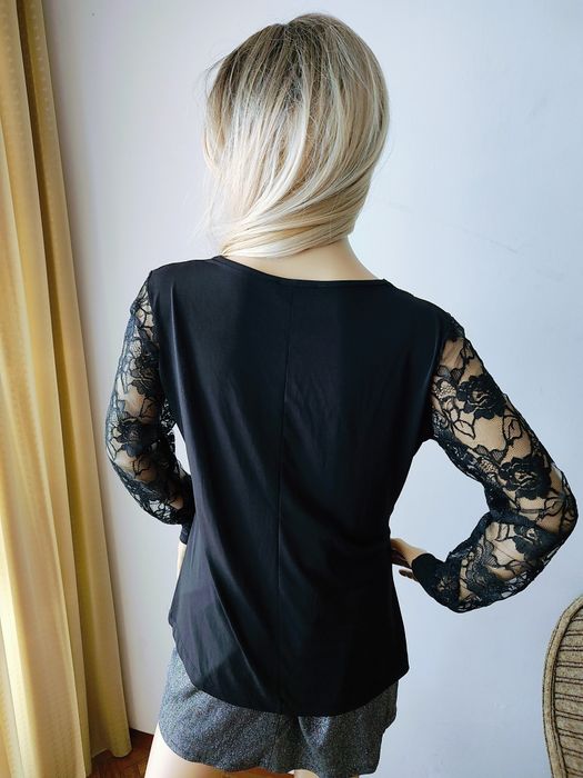 Czarna bluzka z koronką i cyrkoniami blink blink elegancka L-XL