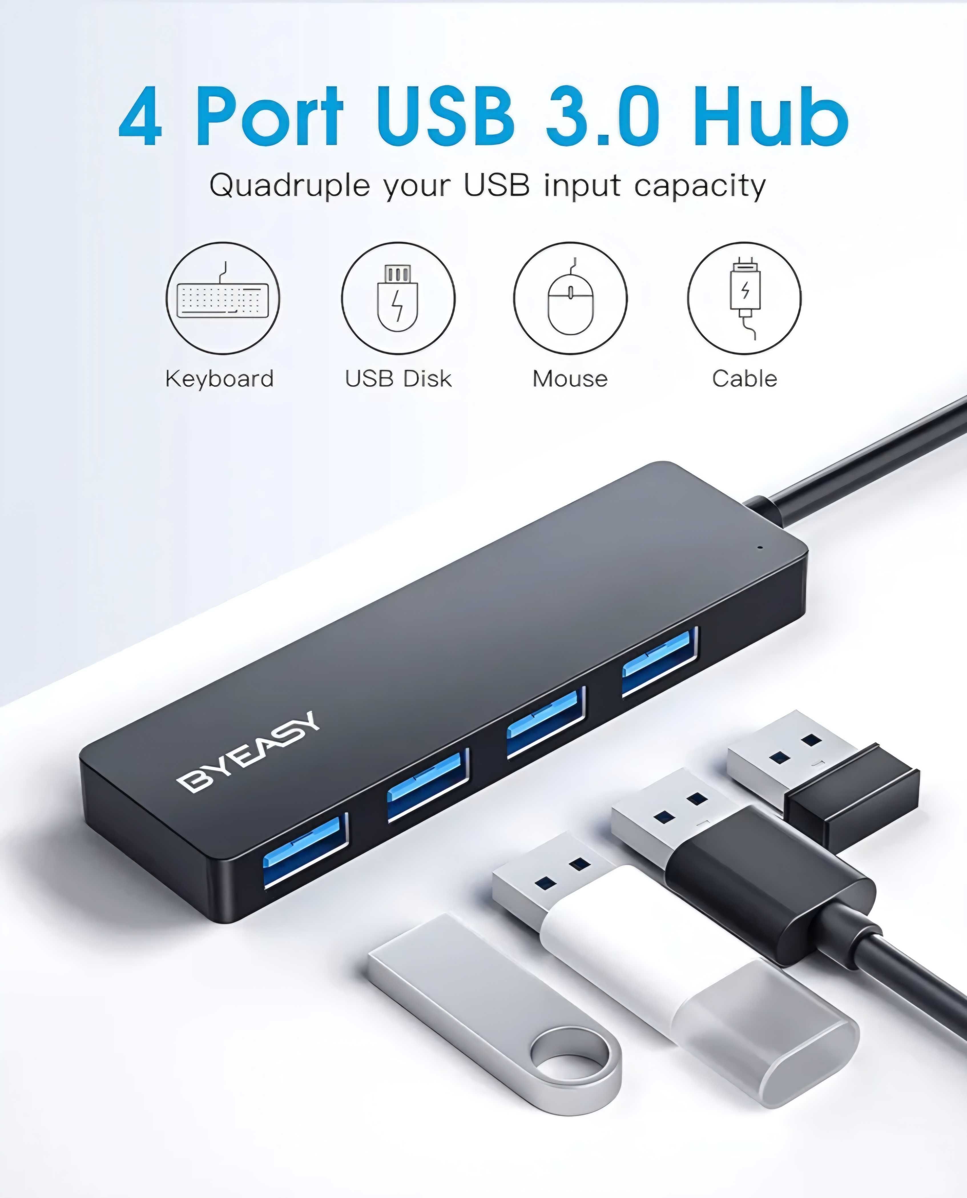 HUB USB rozdzielacz USB-A 4 porty wieloportowy koncentrator BYEASY
