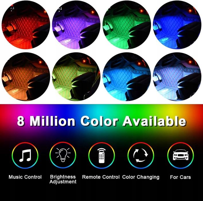 Oświetlenie Wnętrza Samochodu Listwa LED do Kabiny Auta RGB USB Pilot