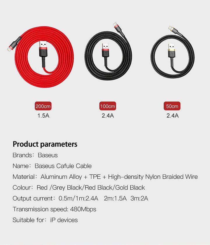 Кабель Baseus USB to Lightning 2,4А 1м 2м для Apple iPhone iPad шнур