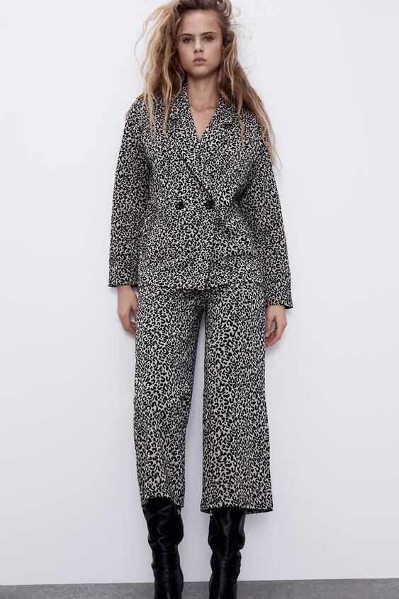 Zara komplet, garnitur w panterkę, spodnie + blezer, dzianina S/M/L