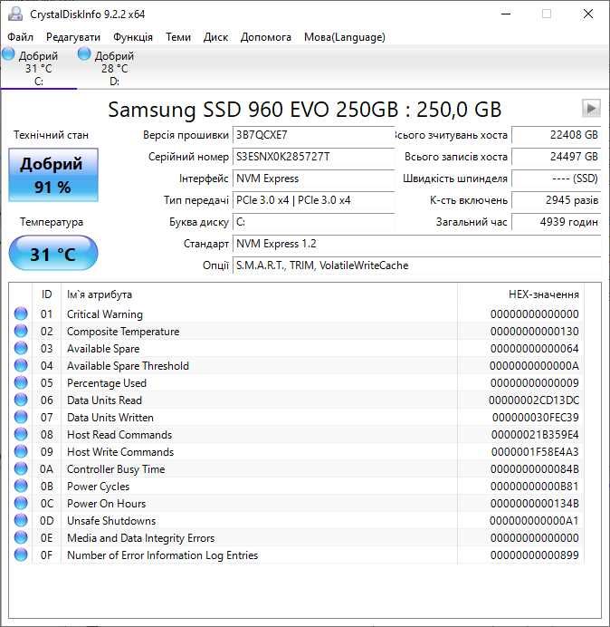 M.2 SSD диск 250GB Samsung 960 EVO (M.2 2280. NVMe. PCI-e 3.0 x4)